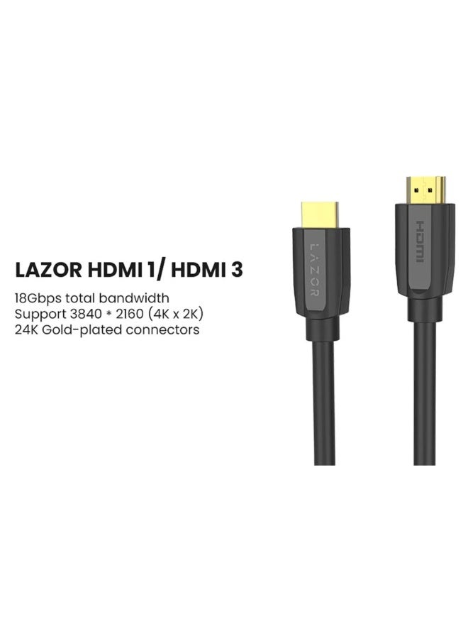 LAZOR HDMI 3 HD12 Cable, Male to Male, 24K Gold-Plated Connectors, 4K Ultra HD, 18Gbps High-Speed Bandwidth, 4K @ 60Hz Resolution, HDMI TO HDMI - 3m Length, Black - Image 2